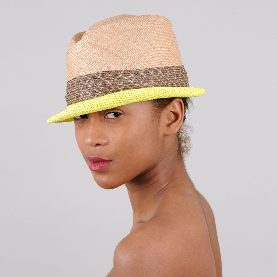 Straw fedora with bright yellow brim