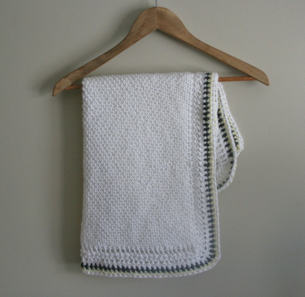 Classic White Handknit Baby Blanket with Yellow and Grey Boarder.....Mini Grizzlie Collection