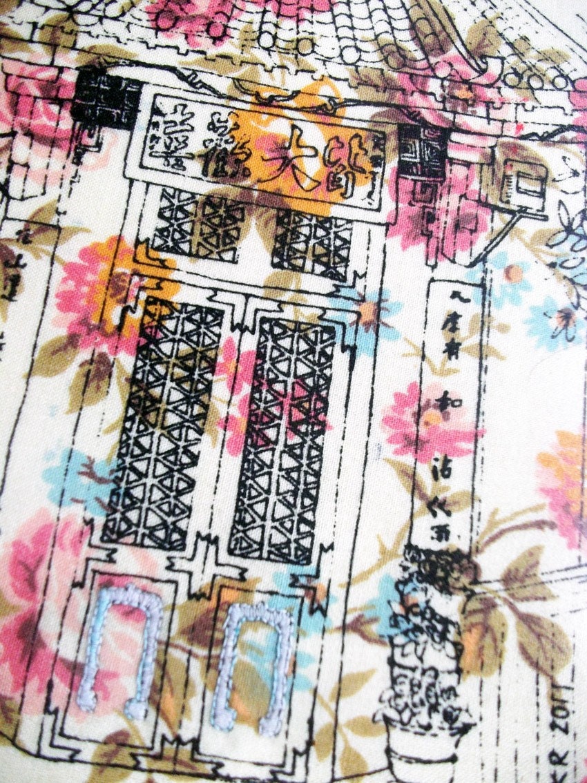 Temple design Screenprint / Hand Embroidery - framed or unframed 9.8" x 7.7"