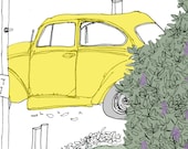 Yellow VW Beetle, Butterfly Bush Colour Greetings Card