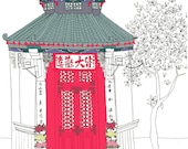Wong Tai Sin Temple, Hong Kong - Colour Illustration Print 16.5" x 11.7 (a3)