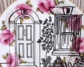 Handpainted pink floral upcycled small plate - Victorian House with Sash Windows