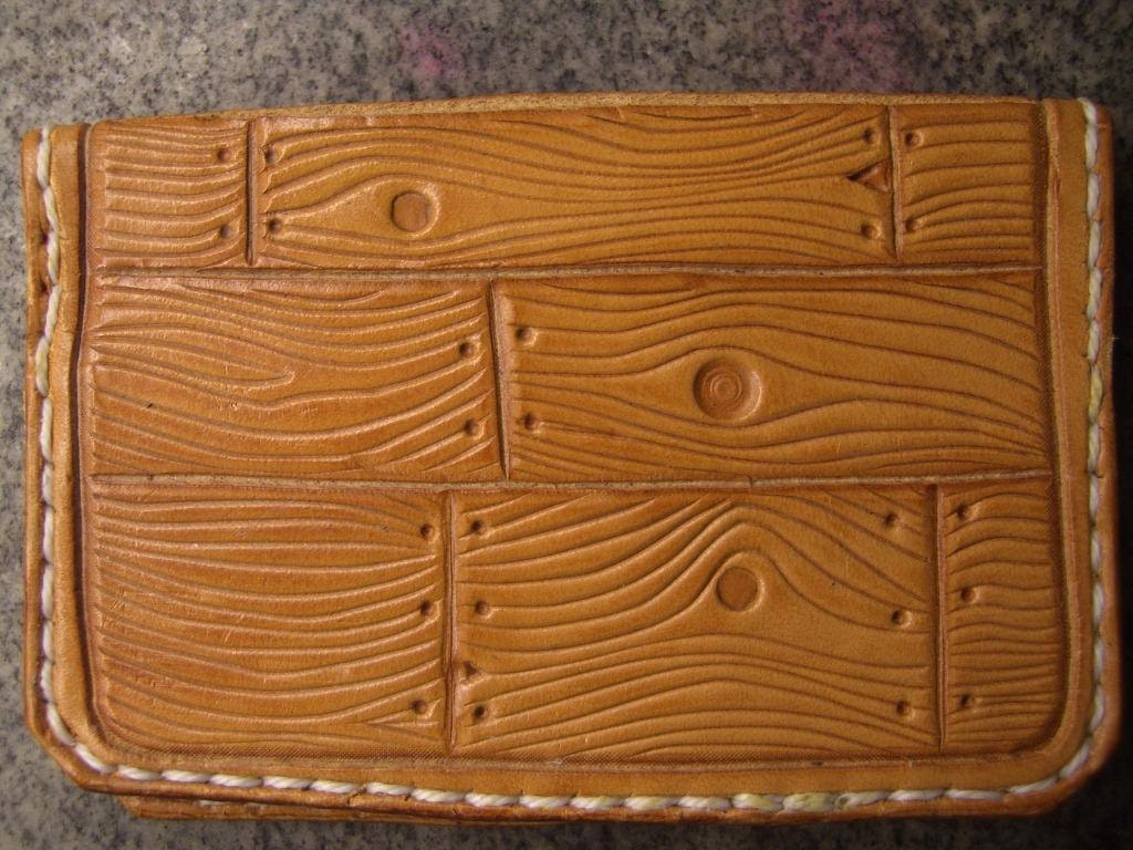 Hand Tooled Leather Credit Card Wallet or Business Card Holder- Woodgrain Patten