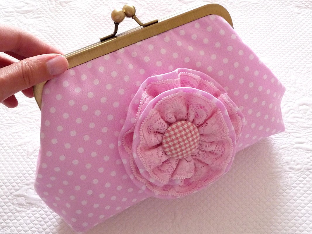 Pink Polkadot Clutch with Ruffle Lace Flower. Frame Purse