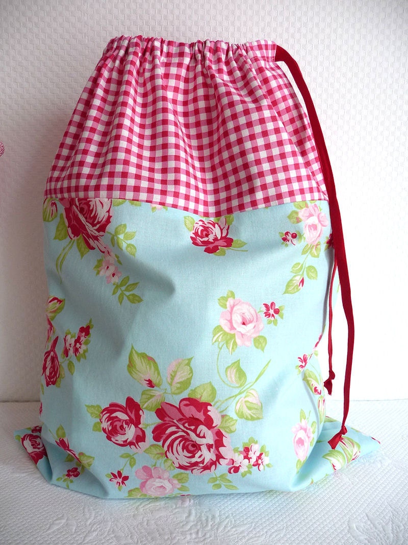 Shabby Chic Laundry Bag. Lingerie Bag. Large. Roses and Gingham. Picnic