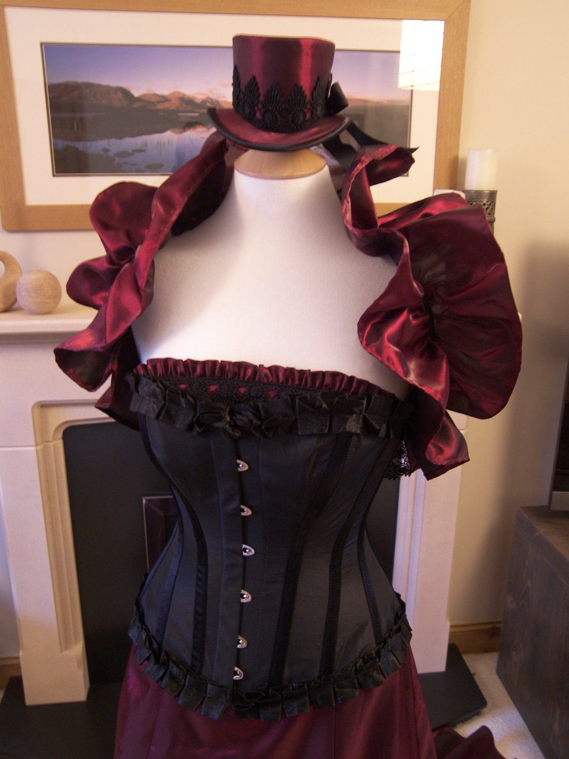 Victorian Steampunk ball gown or wedding dress. Gown, steel boned corset, matching hat. OOAK