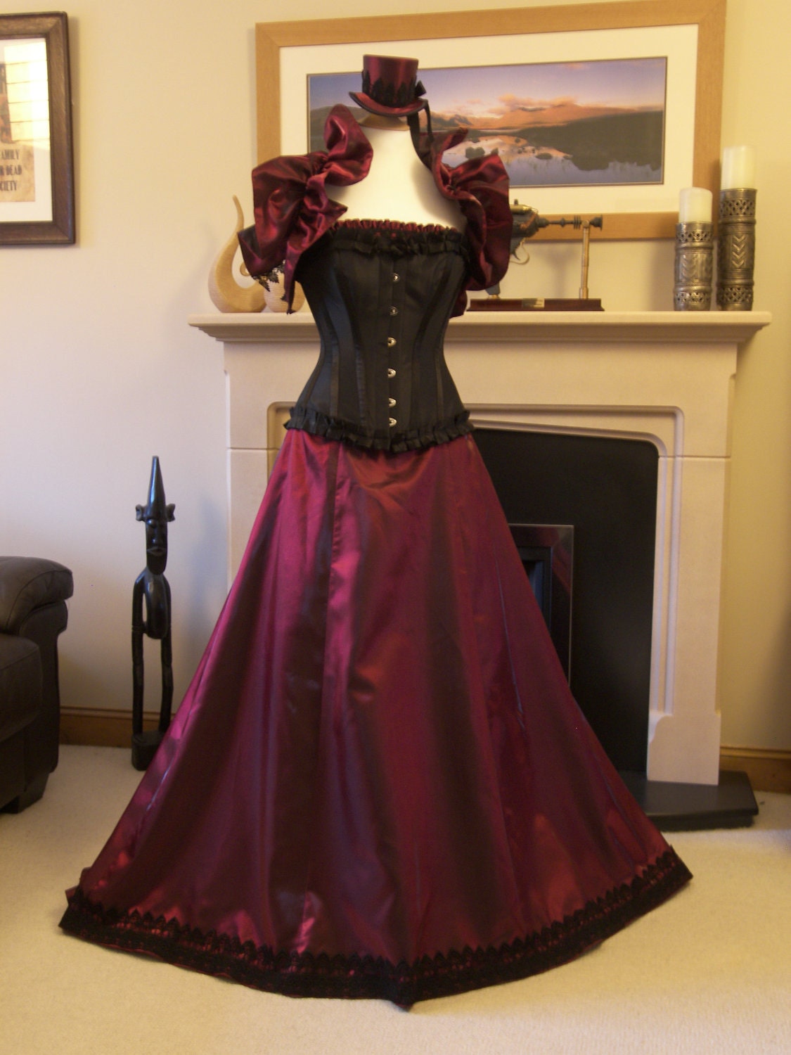 Victorian Steampunk ball gown or wedding dress. Gown, steel boned corset, matching hat. OOAK