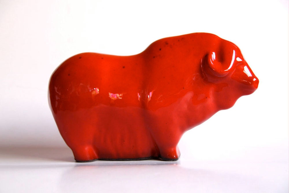 Mid-Century Large Red Ceramic Bull - 60s Ruscha