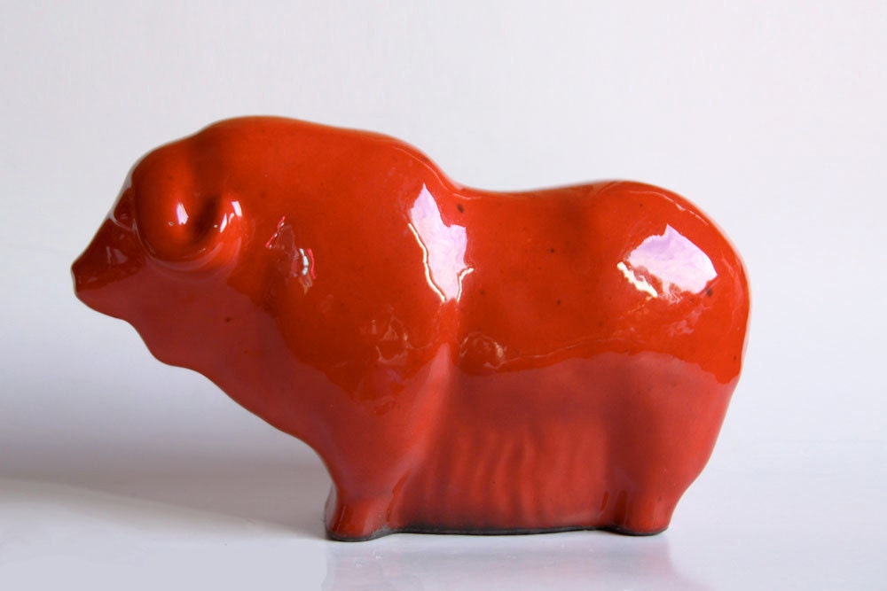 Mid-Century Large Red Ceramic Bull - 60s Ruscha