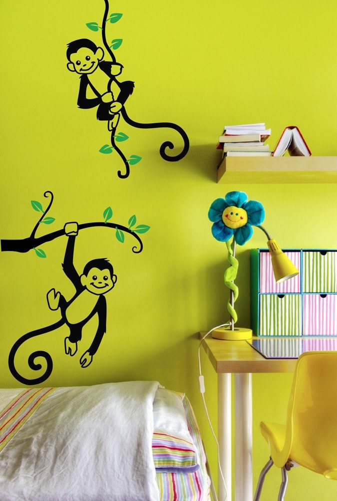 Monkeys Wall Decal - 2 Monkeys Hanging on a Branch  Nursery Decor Decal, Playroom Wall Vinyl Sticker