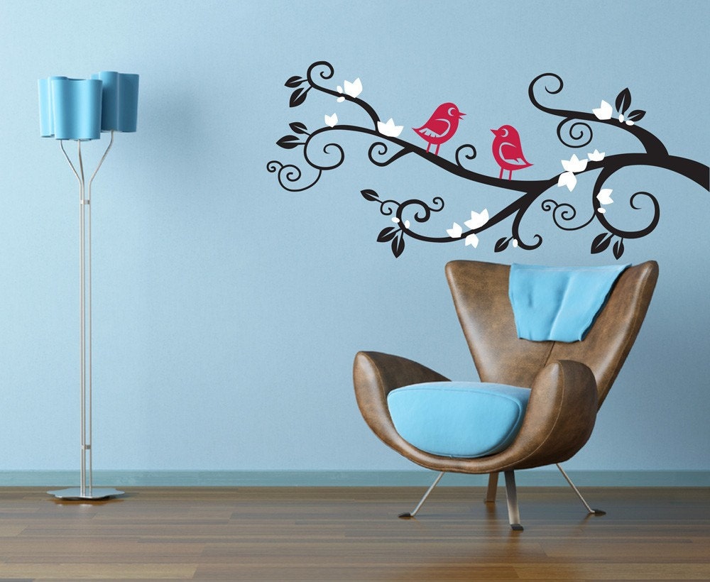 Branch Wall Decal. Flowering branch with two birds in love.  Matte Vinyl Wall Decals 20H x 44W