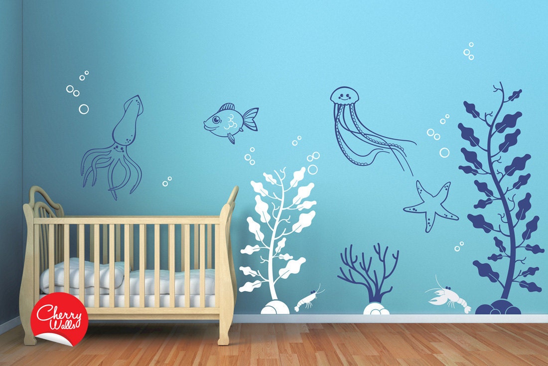 Deep Sea Wall Decals for Baby Nursery. Underwater themed nursery decor. Squid starfish jellyfish lobster seaweed seagrass decal stickers