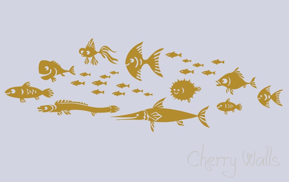 SALE Fish Vinyl Nursery Wall Decal. School of 26 fishies nursery decor playroom ranging in size from 2 " to 10".