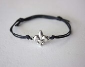 Fleur De Lis Bracelet or Anklet, Tibetan Silver, Black Waxed Cotton Cord