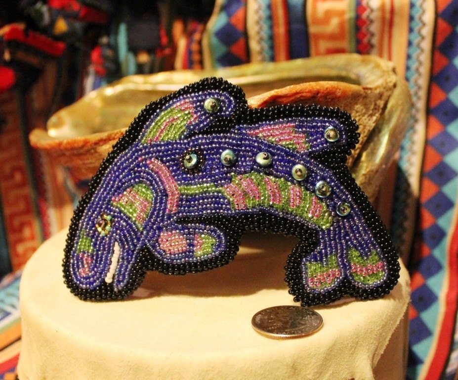 Native American beaded, shell ocean fish french clip barrette, blue regalia