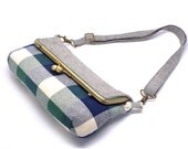 Blue plaid foldable clutch with strap