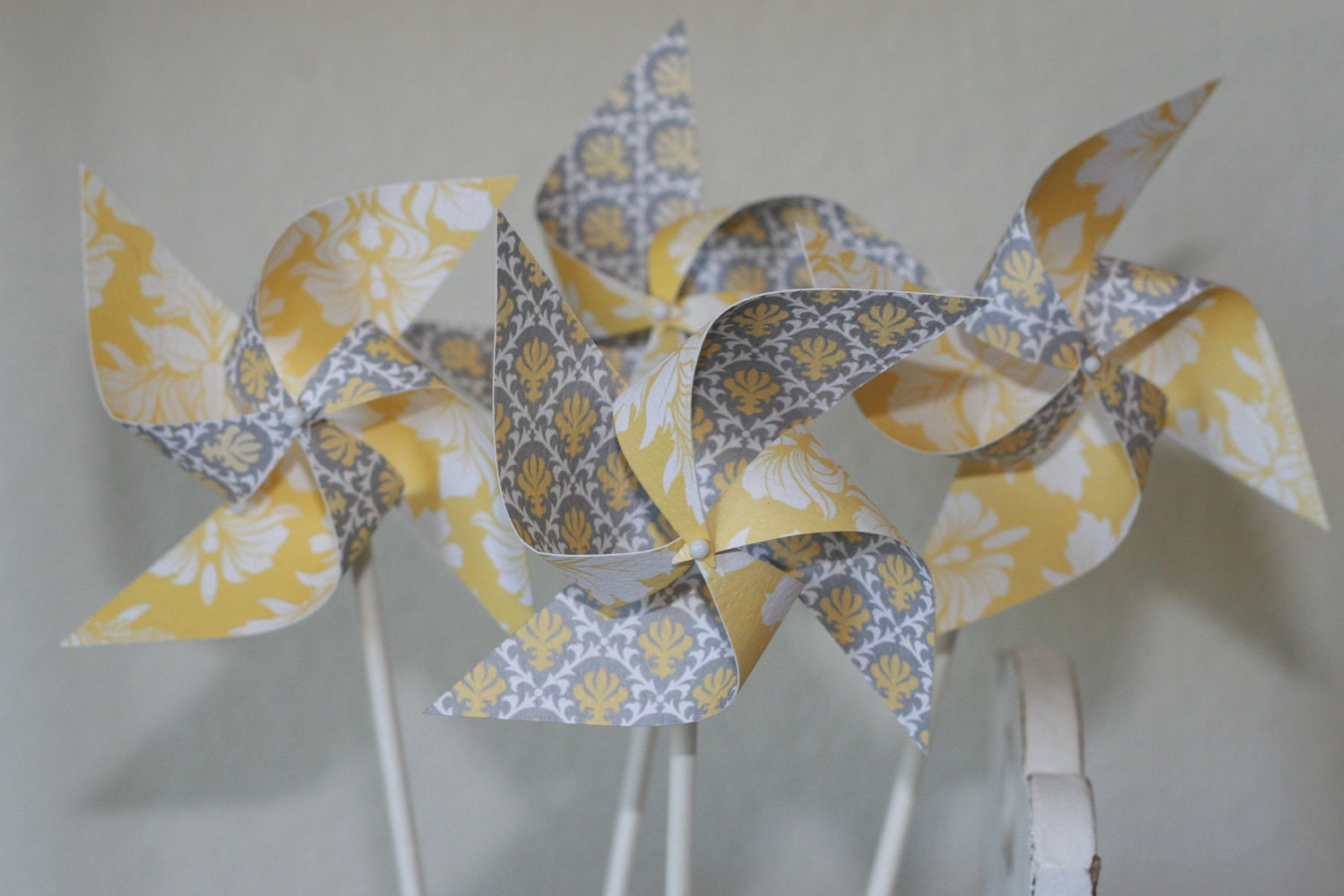 Wedding favor Yellow/Grey -12 Mini Pinwheels (Custom orders welcomed) Faded sun