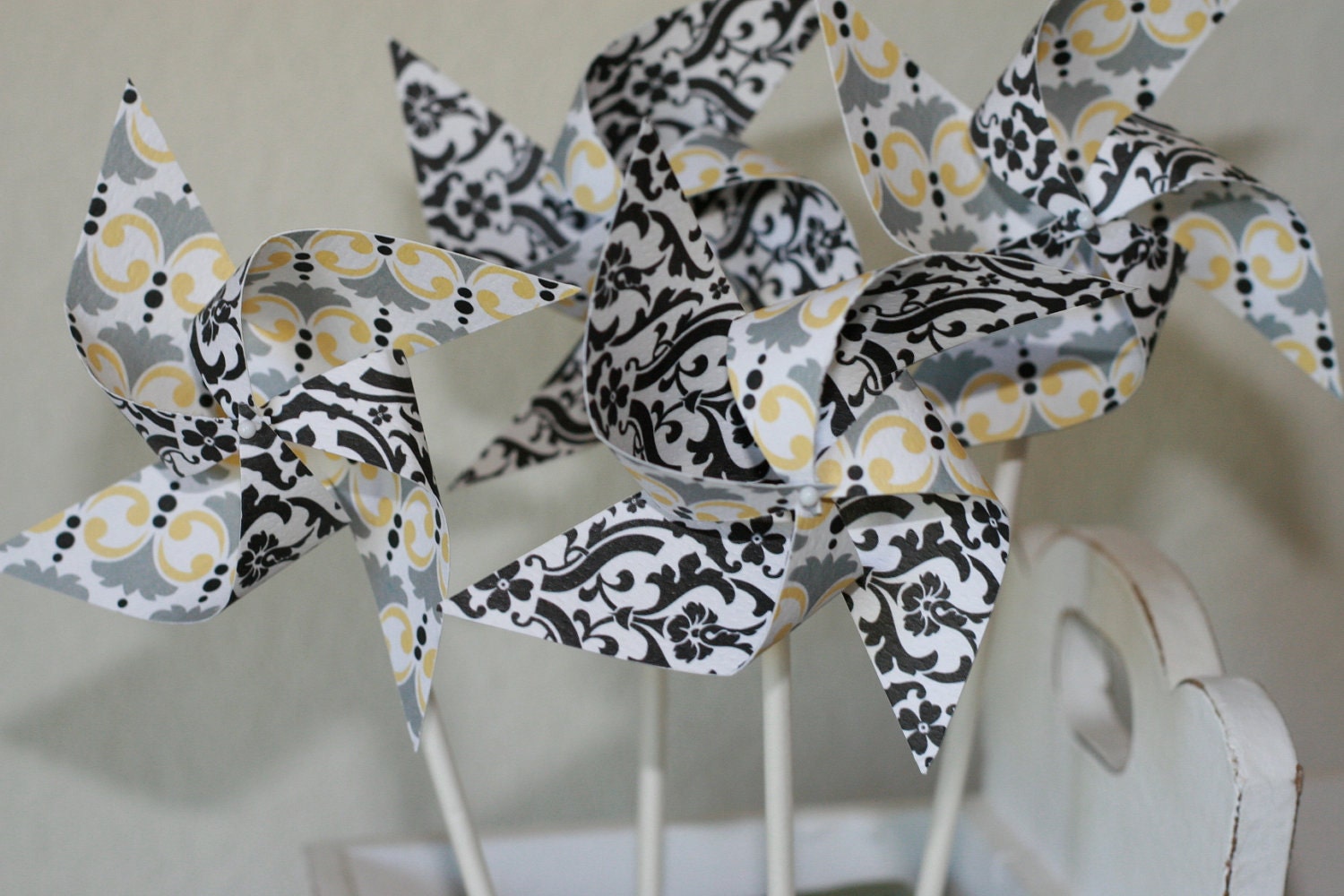 Damask Wedding favor Pinwheels yellow and damask -12 Mini Pinwheels (Custom orders welcomed)