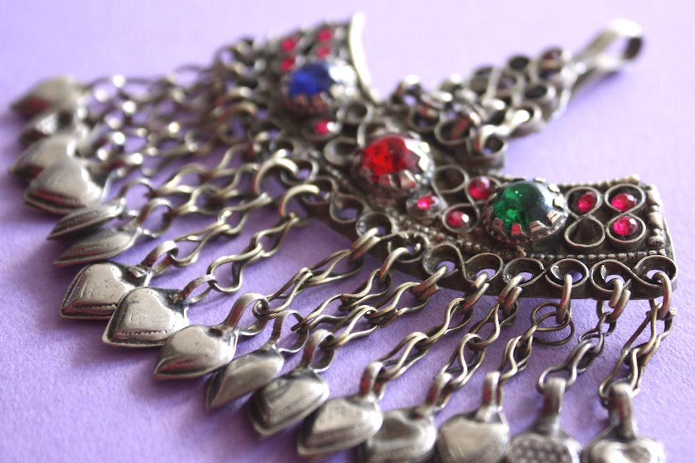 Curved Tribal Pendant with Heart Shaped Chain Fringe