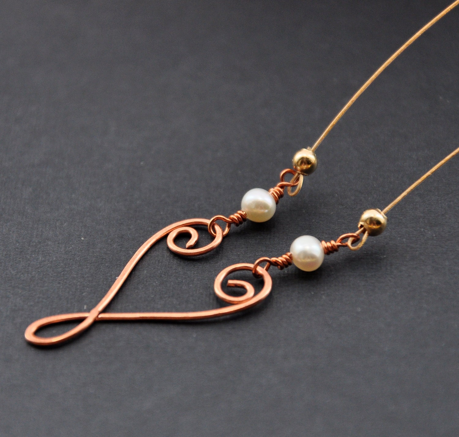 Copper Heart Necklace, Rustic Wire Jewelry, Gold Fill Pearl Necklaces, Handmade