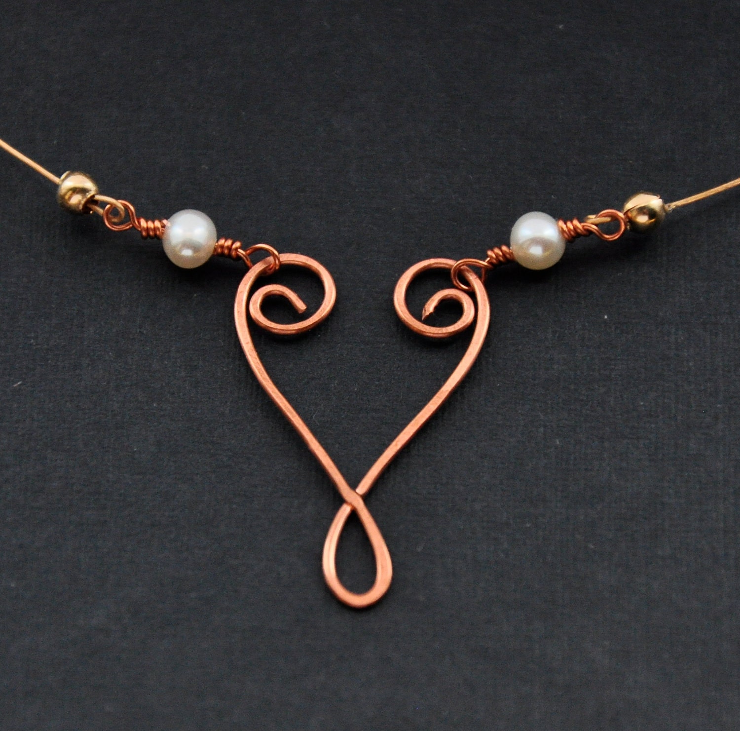 Copper Heart Necklace, Rustic Wire Jewelry, Gold Fill Pearl Necklaces, Handmade
