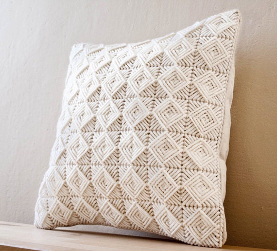 Free Shipping- PERSEPHONE Decorative Pillow Cover in off White/Creme/Ecru Handmade Embroidered Embossing Pattern -16"x16"(40x40cm)