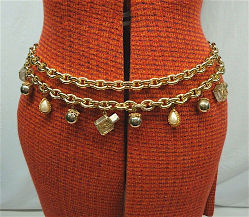 Gold Chain Belt with Charms: Perfume Bottles, Pearls, Teardrops a la Coco Chanel Style