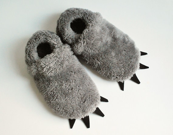 Furry Monster Slippers - Adult Sized - Grey with Black Claws