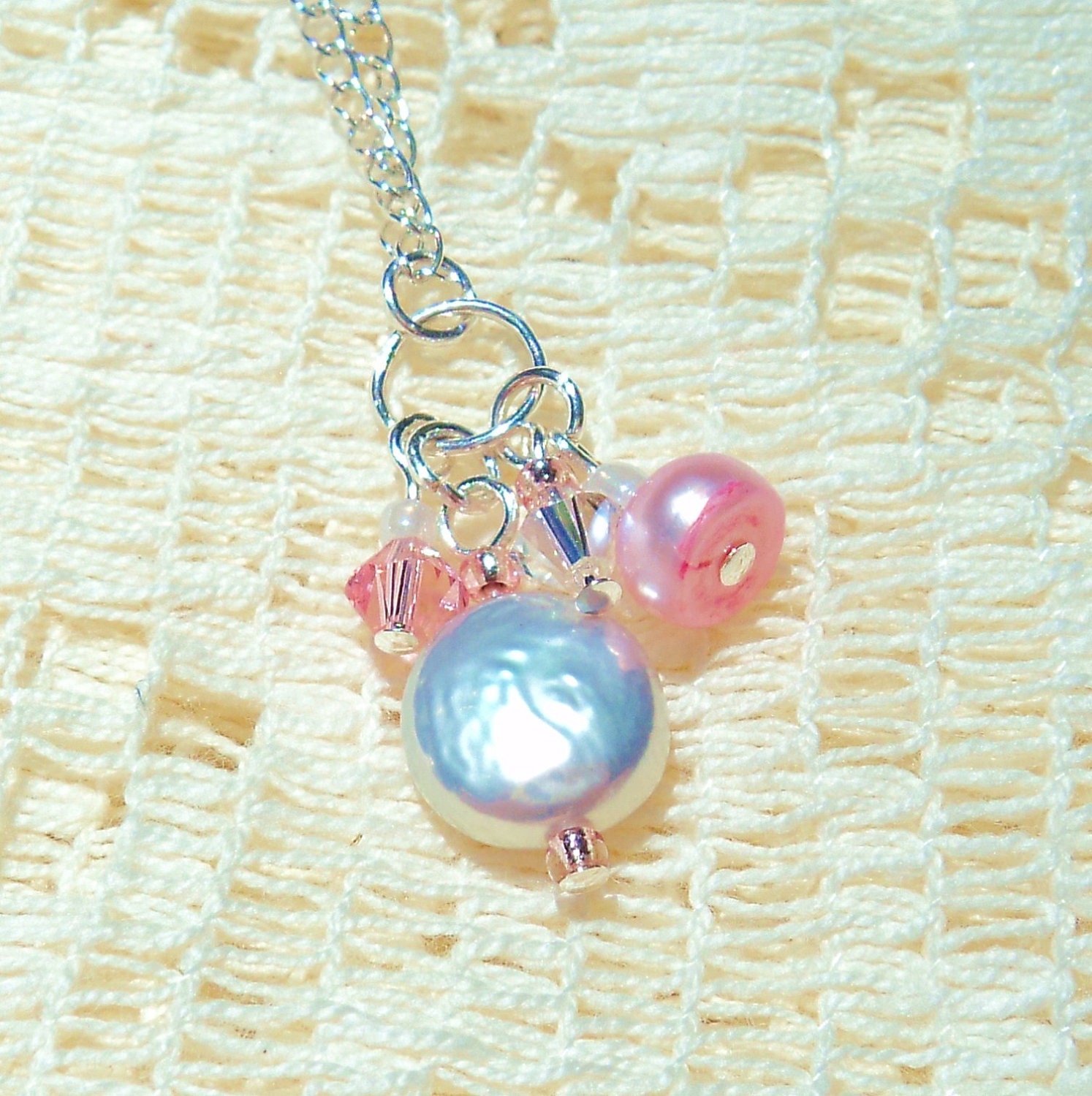 NECKLACE - Paradise in Peony Pink - Swarovski Crystals, Freshwater Pearls, Sterling Silver