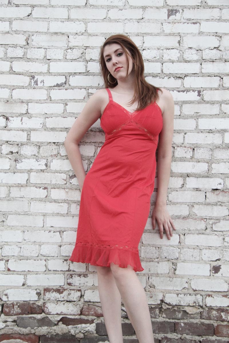 Red frilly slip dress. JcPenny's Adonna.