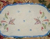 Vintage Natural Linen Doily with Embroidered Butterflies