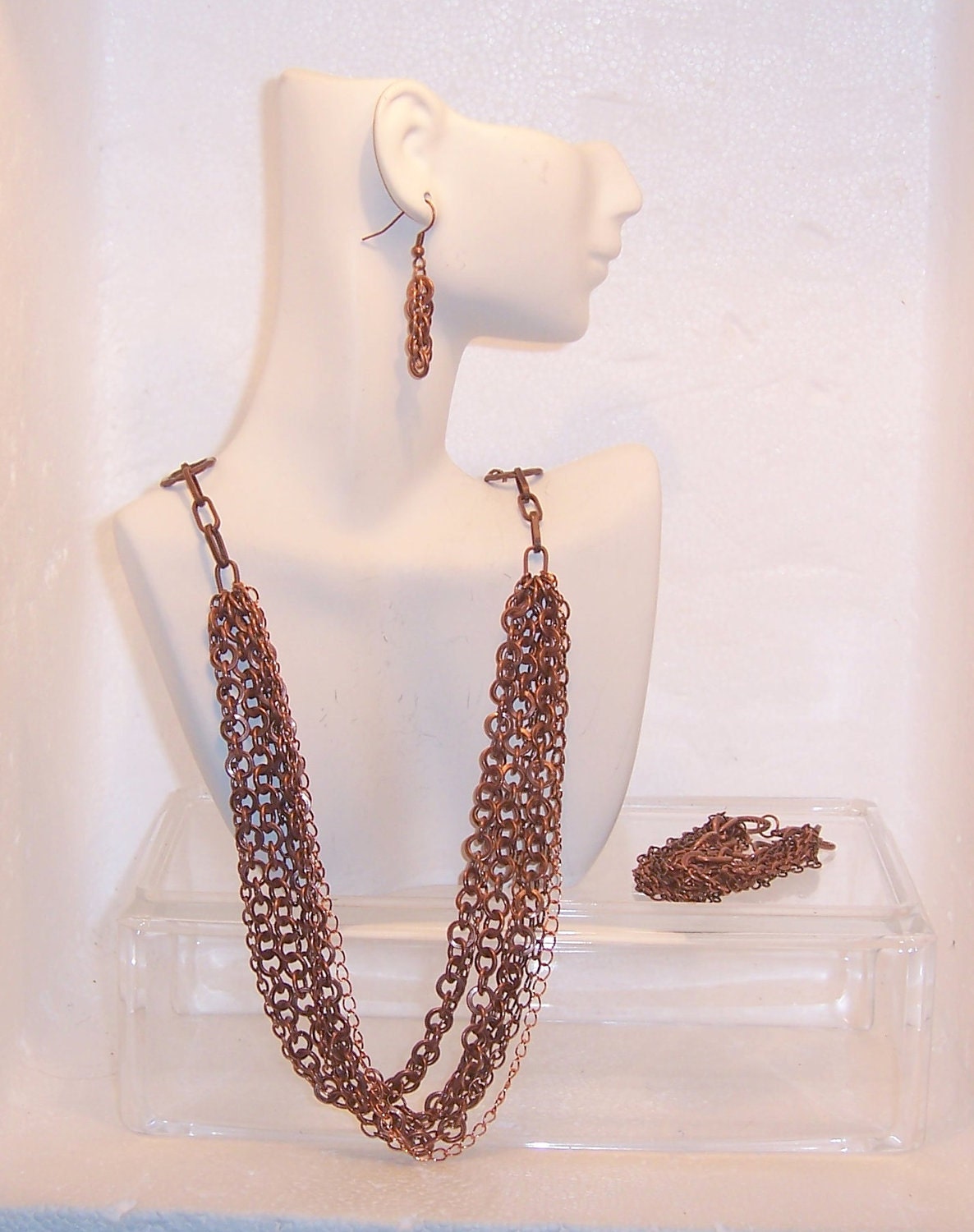 Copper Multi Chain Necklace Bracelet and Earrings