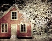 Pink house photographic print, snow winter Norway scene, 8x10 art photograph, affordable home decor