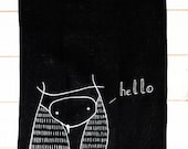 Owl Hello towel - Handpainted linen dishcloth - Black linen owl towel - Perfect gift for housewarming