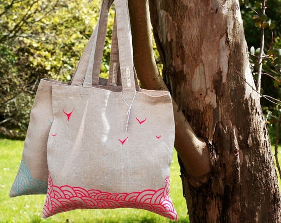 Tote bag en lin peint en rose fluo - Sac cabas vagues - Tote bag conçu et fabriqué en France