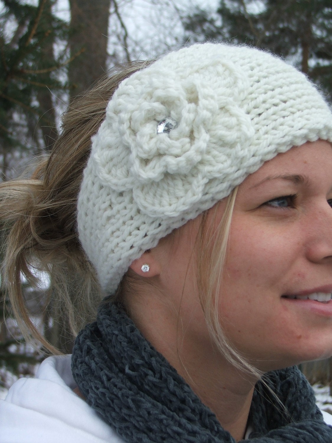 Knit ear warmer headband in winter white w/ crocheted flower