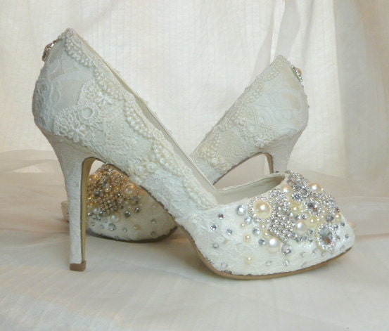 Twinkly Peeptoes Wedding shoes...vintage lace, with toes encrusted with Swarovski crystals, glass and pearl