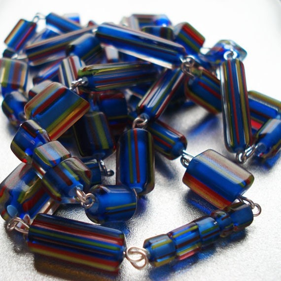 Sale Blue Necklace Big Top Circus Stripes Bright Colourful Blue Red Yellow Glass Bead Necklace Made in Canada Long Fun