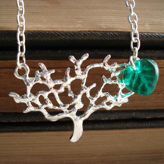 Tree Charm Necklace Green Glass Leaf Shaped Bead Silver Plated Forest Nature Silhouette Forest Branch Outline Leaves
