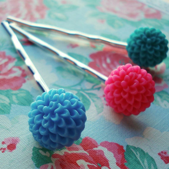 Flower Bobby Pins  Flowers Chrysanthemums Cabs Fuchsia Turquoise Emerald Green Set Three  Bridesmaid Flower Girls Blue Blossoms Pink