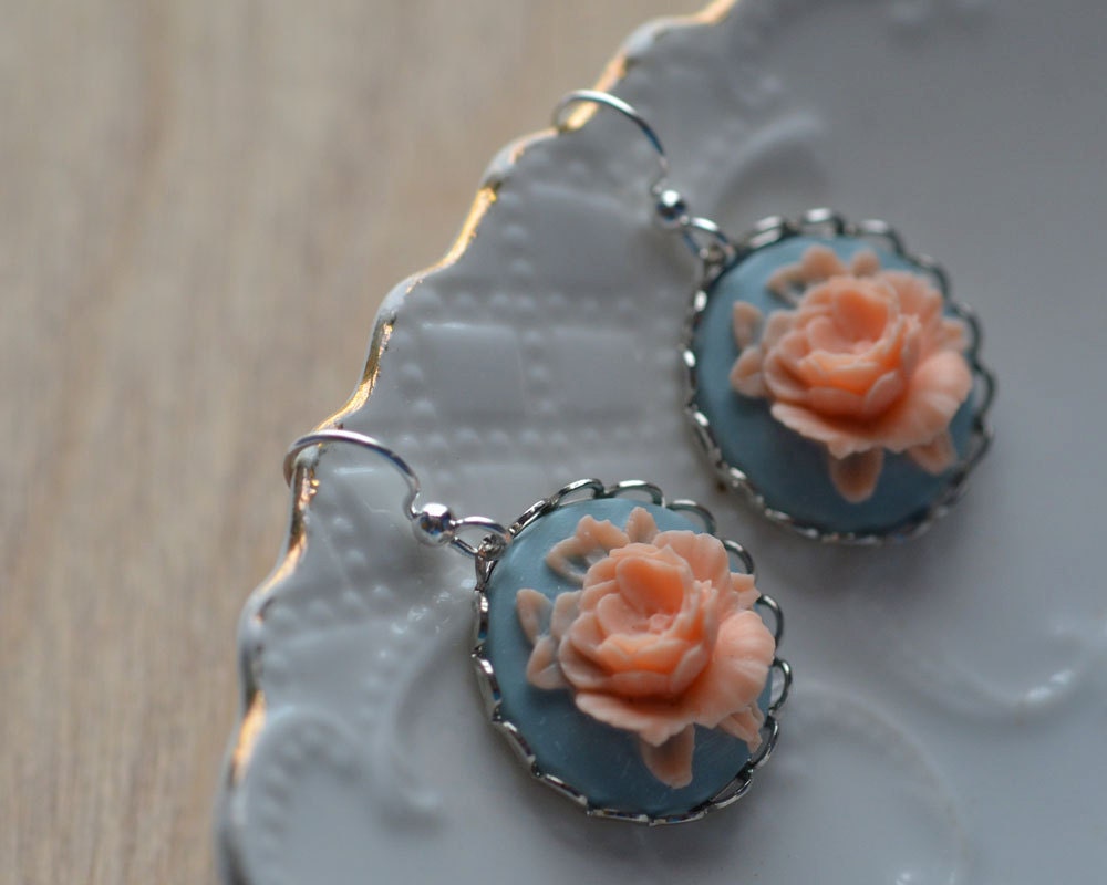 Rose Earrings Pink Blue Spring Flowers Something Blue Dangle Cabochon Floral Summer Contrast Silver Plated Feminine Bride Wedding