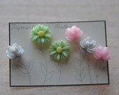 Earring Set Flowers Floral Three White Pink Green Yellow Daisy Rose Spring Bridesmaids Gift Set Mothers Day  Dainty Delicate