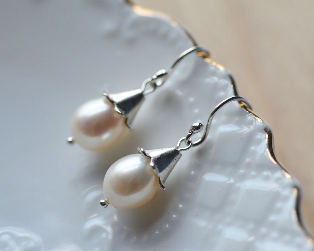 Pearl Earrings Delicate Sterling Silver White Fresh Water Pearls Weddings Brides Bridesmaids Graduation Prom Special Occasions Maid of Honor