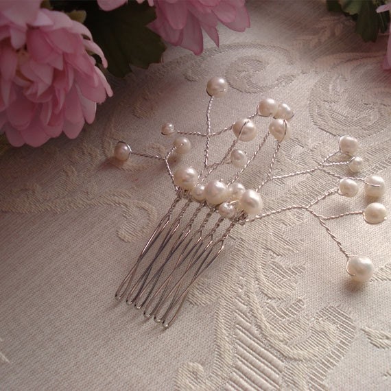 Delicate Wire Wrapped White Pearl Hair Comb, Perfect for Weddings, Brides, Bridesmaids, Graduation, Prom, Special Occasions, Black Tie