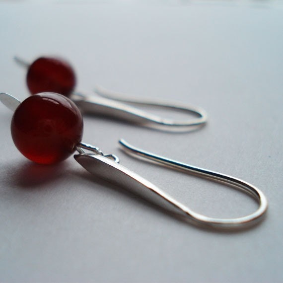 Minimalist Sterling Silver Agate Earrings Ships from Canada Modern Simple Elegant Bead Red Dangle