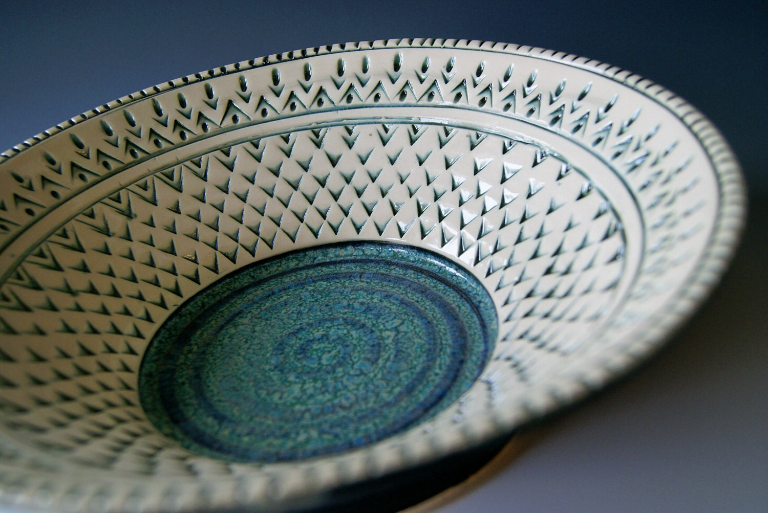 Ceramic Serving Bowl, Handmade Wheel-Thrown Stoneware, Blue Balck White by RiverStone Pottery