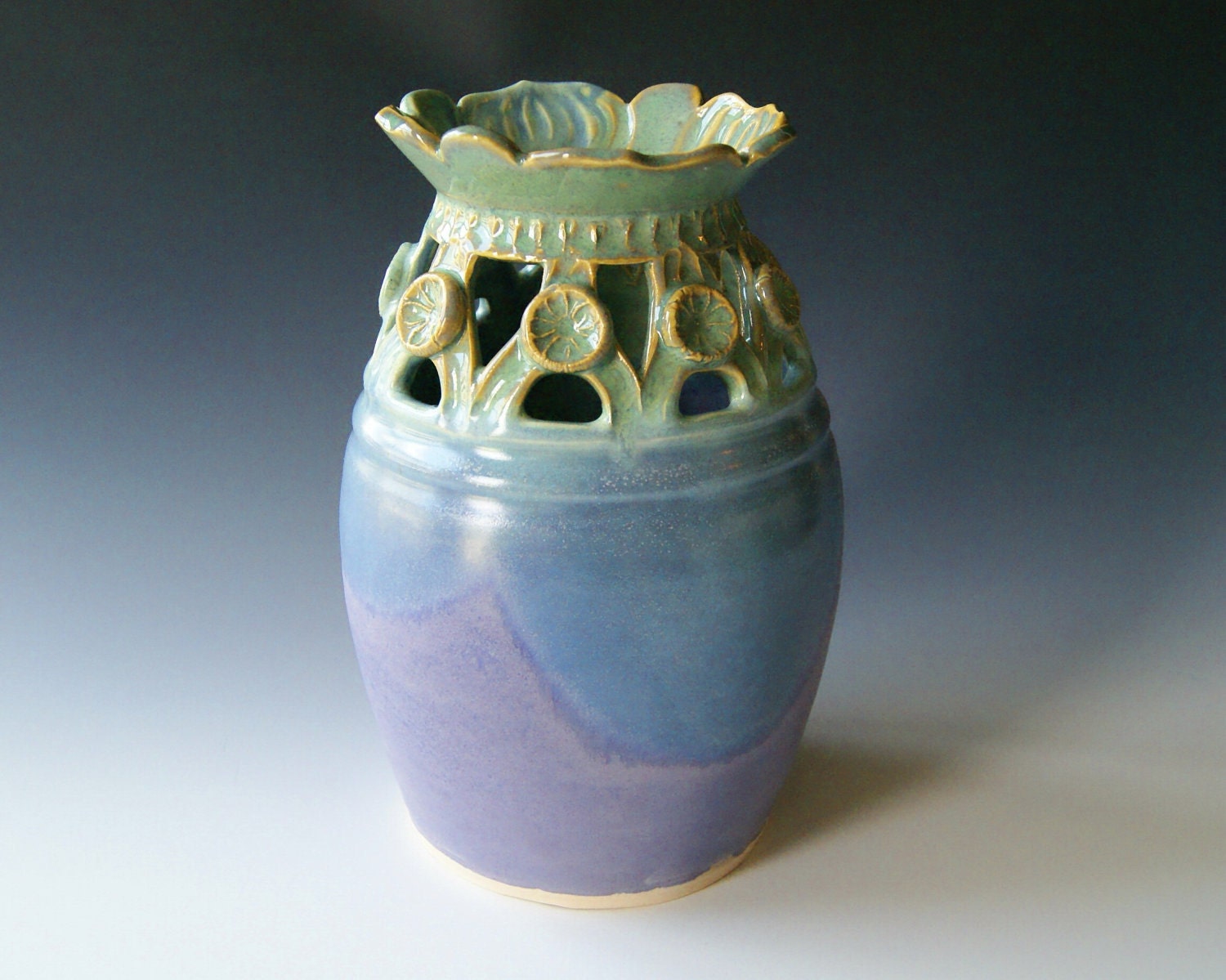 Pottery Flower Vase / Handmade Wheel-Thrown Ceramic Pottery/ Lavender, Coral Blue, and Green