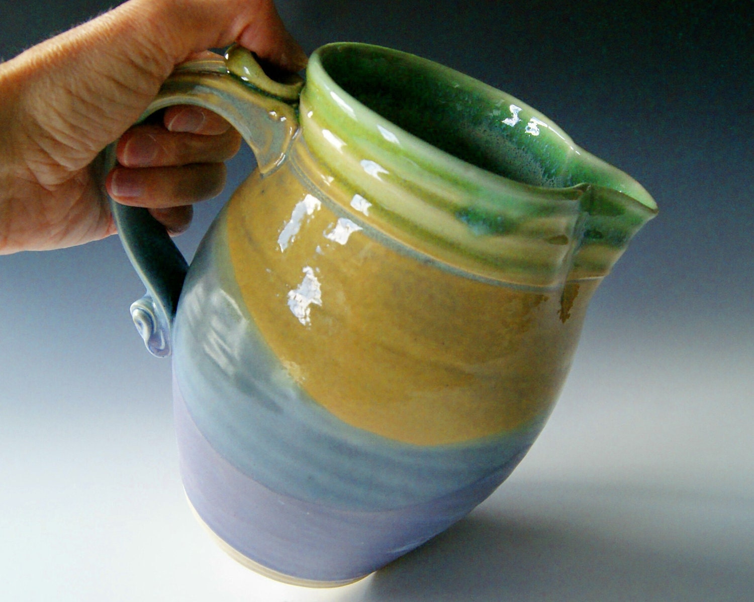 Ceramic Pitcher, Wheel Thrown Pottery, Stoneware Clay Pitcher, Lavender Coral Blue, Green, and Gold