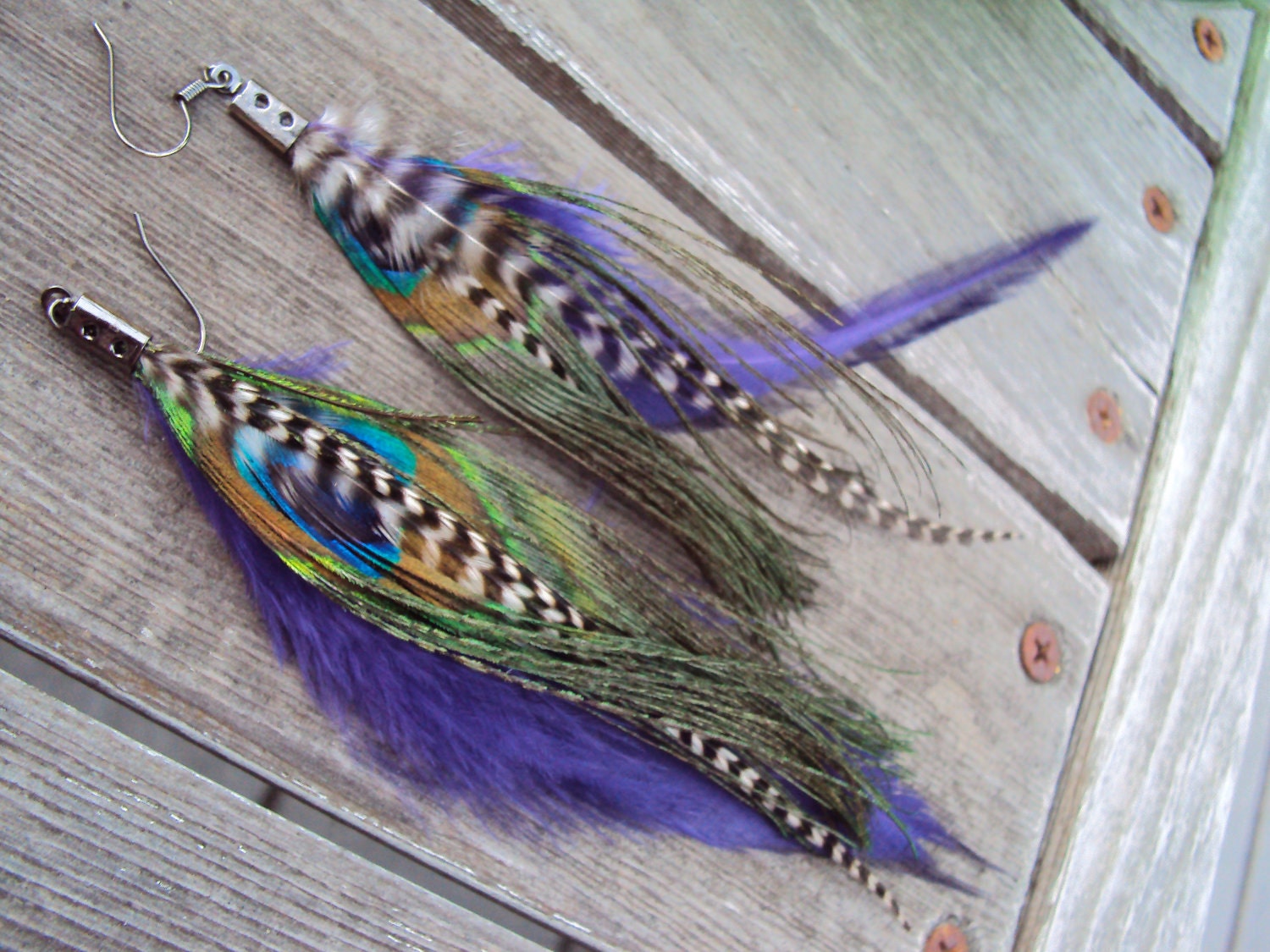 Feather Earrings Peacock Purple Grizzly Hippie Bohemian Fashion Jewelry