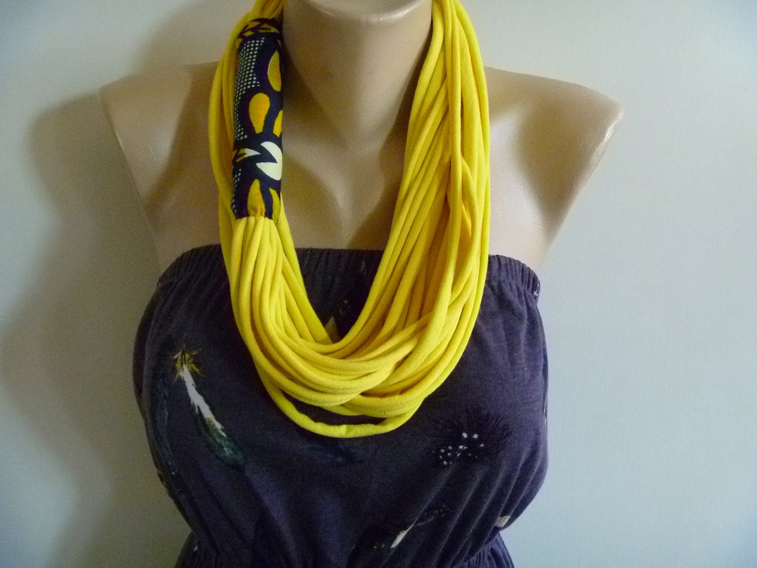 Scarf Necklace- Yellow & African Wax Print Scarflace